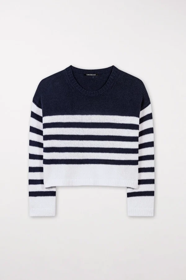 Strick-LUISA CERANO Rundhals-Pullover Mit Streifen dark navy / white